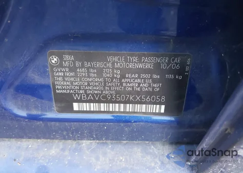 2007 BMW 328Xi из США, поврежденный, VIN WBAVC93507KX56058